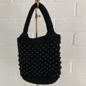 Womens Versatile Black Crochet Beaded Mini Tiny Small Satchel Handle Purse